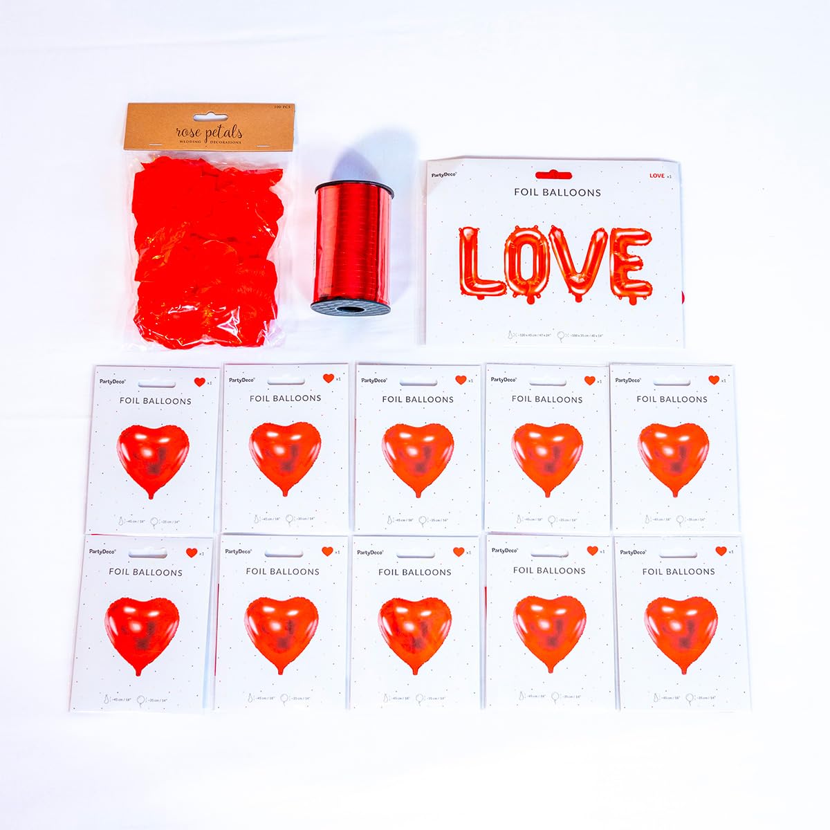 SPARKLERS CLUB MY VALENTINE RED HEART - Palloncini a forma di cuore rosso (x10) + bottiglia di Helium + 100 petali di rosa rossa + palloncino LOVE + nastro in amante, ideale per San Valentino
