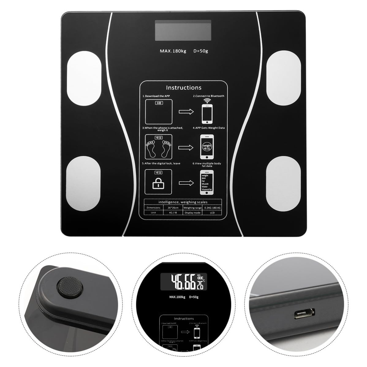 Balance Intelligente en Abs et Verre Noire Graisse USB Rechargeable