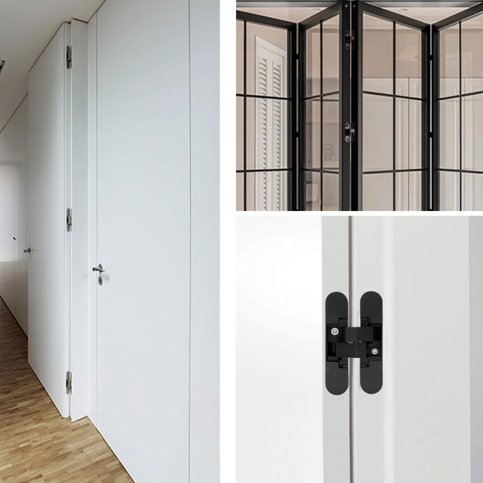 Lot de 2 charnières de porte cachées, pivotantes à 180 °, noires, 3 positions de réglage, pour porte invisible et silencieuse, noir, 110 x 25 mm