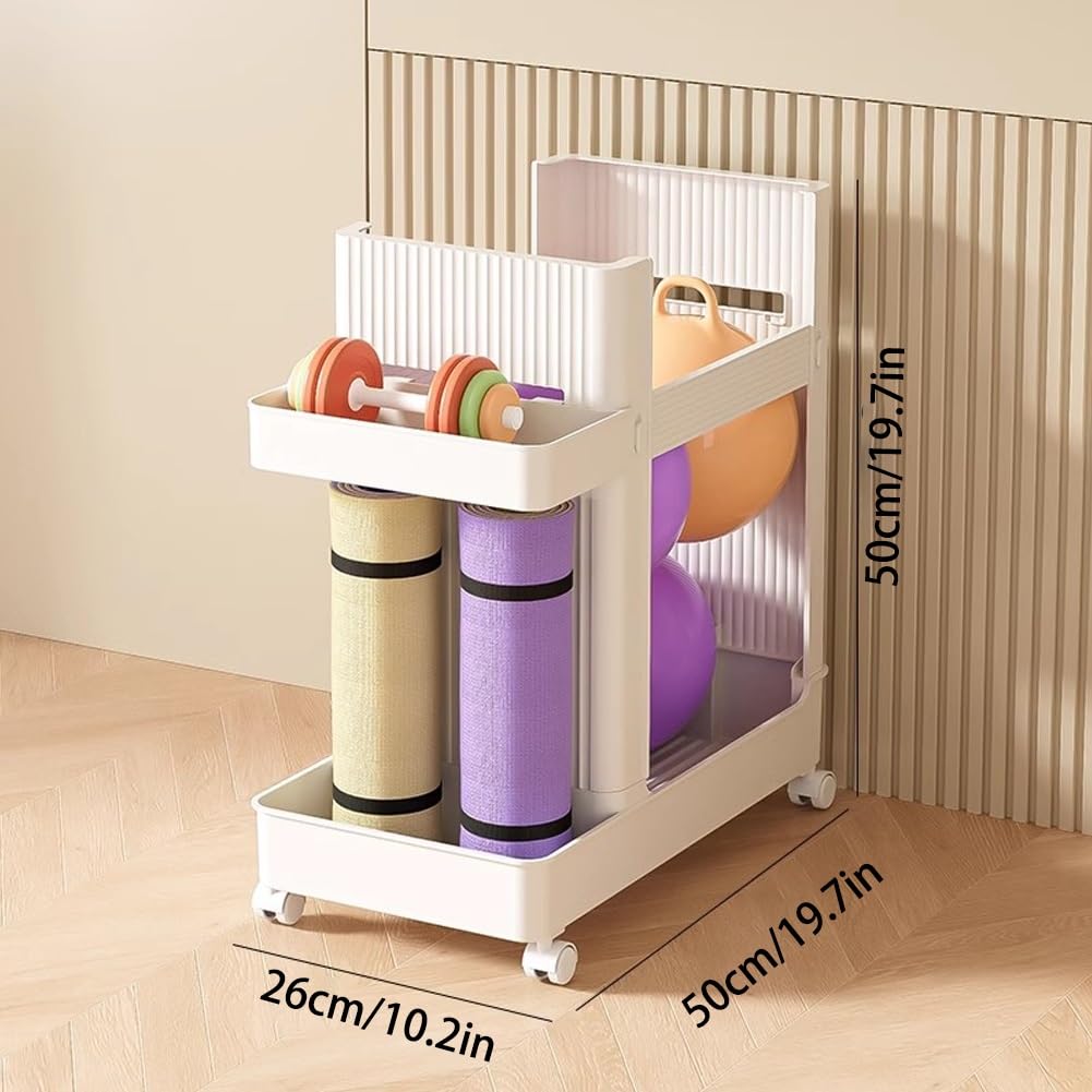 Carro de almacenamiento para gimnasio en casa con ruedas, soporte multifuncional para esterillas de yoga y organizador de equipos de entrenamiento para gimnasio en casa.