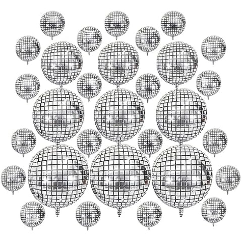 QIYUSHRY Disco Ball Balloons, 30 PCS Silver 4D Mylar Foil, 10-32 Inch, Party Decorations, Self Sealing, Disco Themed Cover