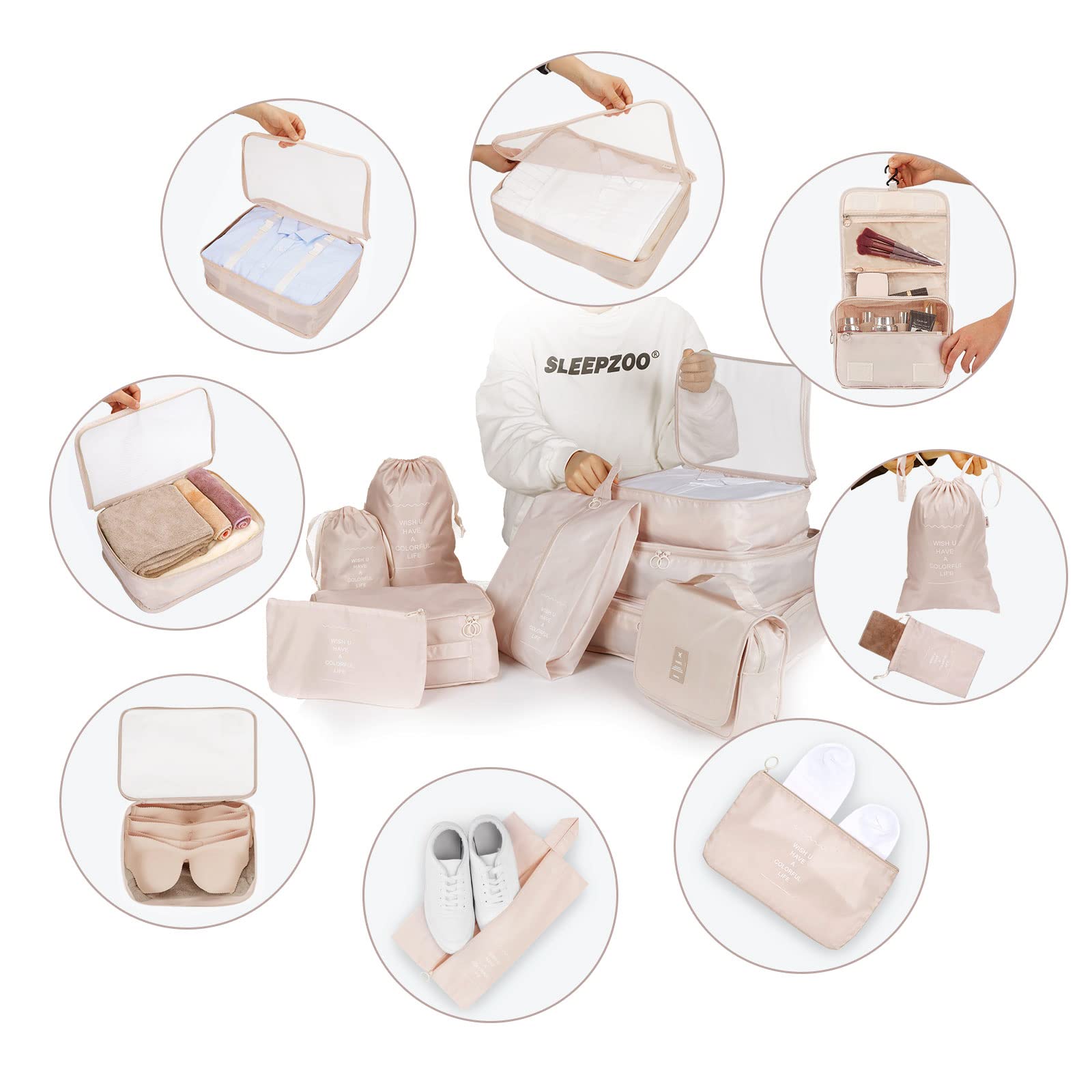 Organizer Valigie Set di 9, Cubo di Viaggio Cubi di Imballaggio, Cosmetici Abbigliamento Intimo Calzature Organizzatori Sacchi Valigia di Stoccaggio Set, Beige
