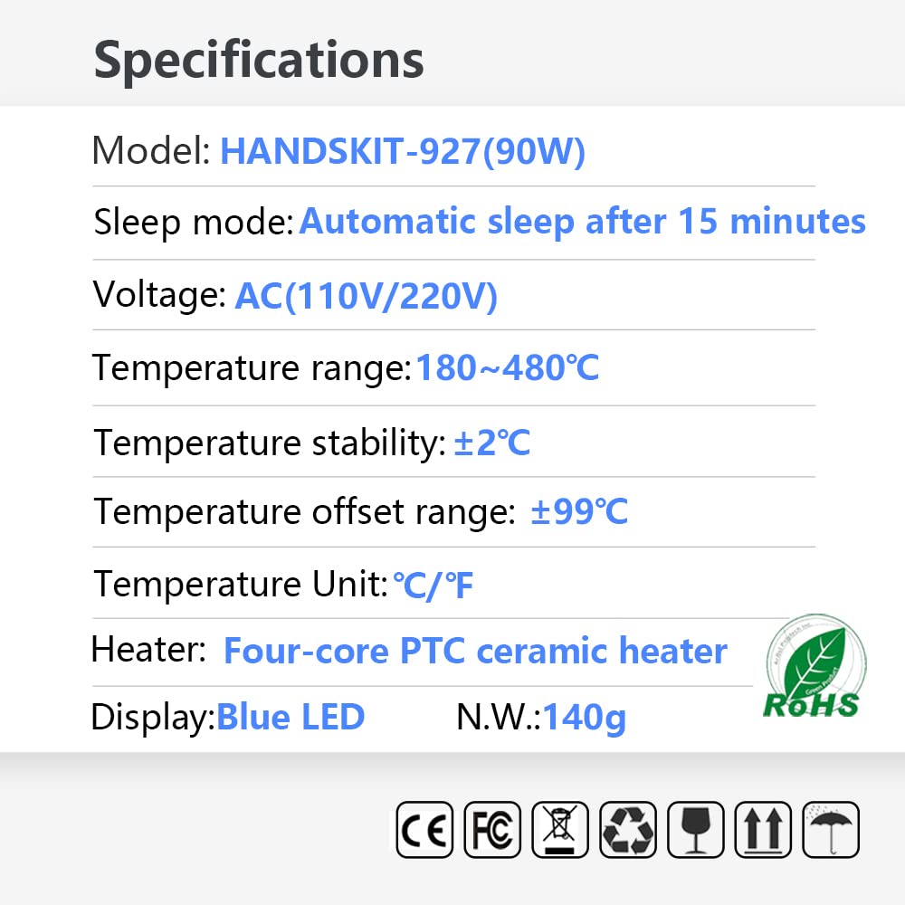 HANDSKIT Fer à Souder Précision 90W, Température Réglable de 180 à 480℃, Fer à Souder LED Électronique, 5 Pointes de Soudure, Support et Fil de Soudure pour DIY, Fer à Souder Étain et Électrique