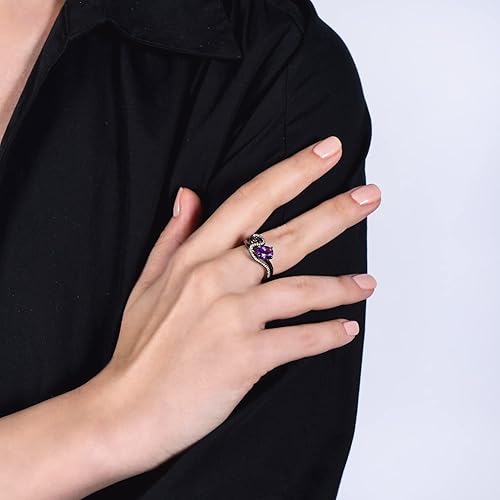 Miniatura 6 de Jewelili Enchanted Disney Fine Jewelry - Anillo de plata de ley con forma ovalada de 0.315 x 0.236 in, amatista y diamante redondo blanco natural de