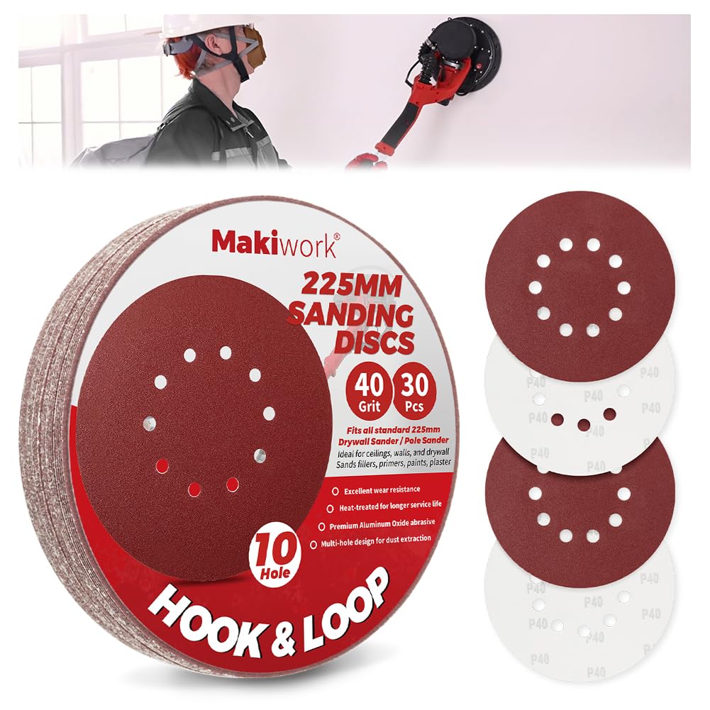 Makiwork 30PCS 225mm 10-Hole 40 Grit Hook & Loop Sanding Discs – Heavy-Duty Aluminum Oxide Sandpaper for Drywall Sander, Paint Removal, Wood & Metal Surface Prep