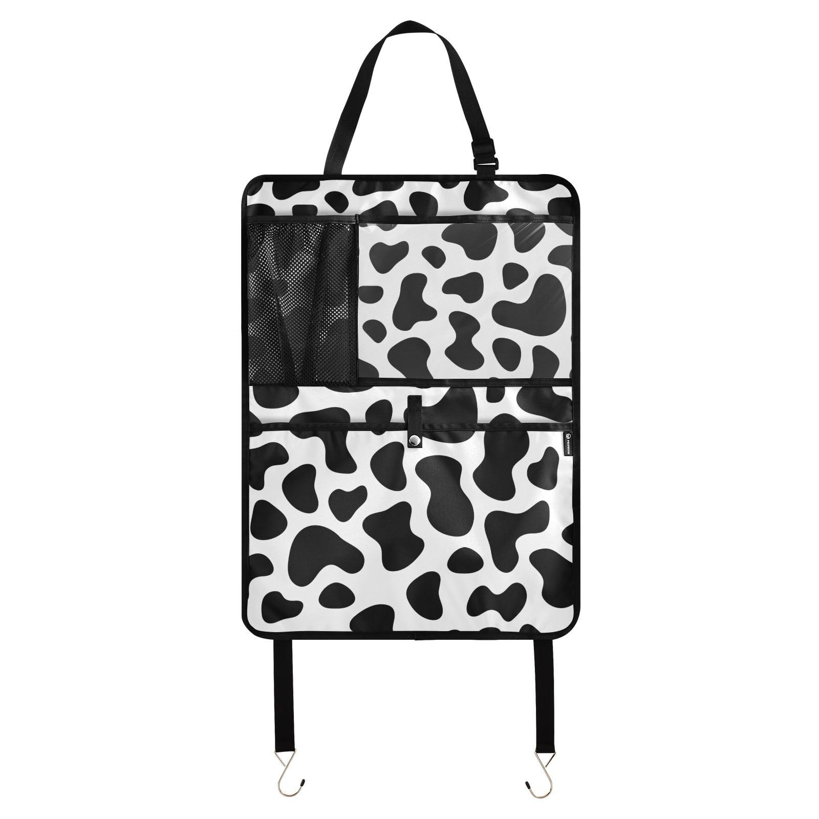 Aflyko Seat Back Organizer Cow Print Classic Black White Car Kick Mat with Pocket Vehicle Backseat Protector Travel Accessories Automobile Seat Cover Protector 1 Pack