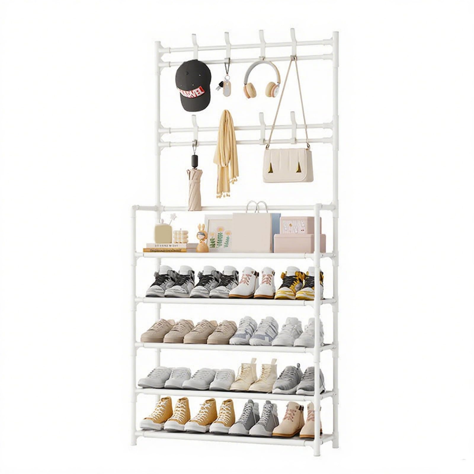 5-layer floor standing storage rack, clothing and hat storage rack, large capacity shoe rack, easy to install, suitable for living rooms, entrances, kitchens and other scenes. (White)