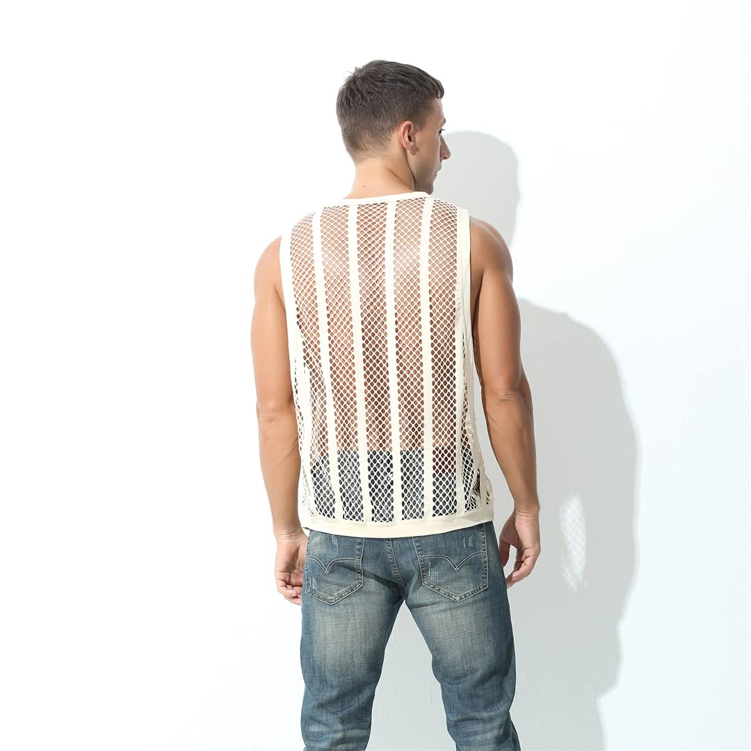 T-shirt en résille transparente pour homme - Tendance - Sexy - Manches courtes - Pour discothèque - Pour fête - Blanc - M
