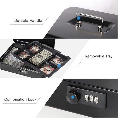Miniatura 4 de Decaller Caja de dinero con cerradura de combinación, caja de seguridad de metal pequeña con bandeja de dinero, 7 45 x 6 45 x 3 35 pulgadas, color