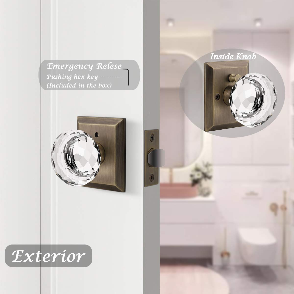 Orger Vintage Crystal Door Knobs 2 Pack, Interior Door Knob for Bedroom/Bathroom with Lock, Round Glass Privacy Door Knob, Heavy Duty Square Rosette with Antique Bronze Finish