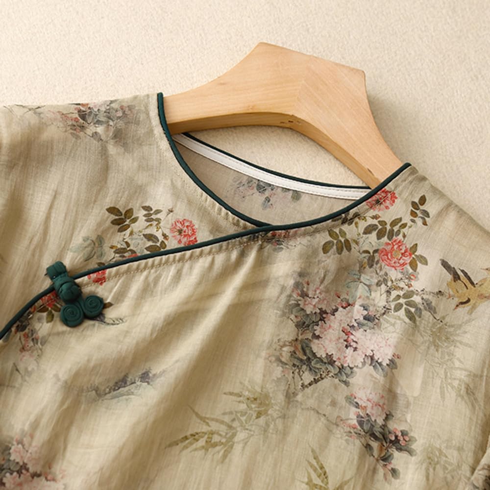 Chemisier chinois à manches 3/4 pour femme - Col mandarin traditionnel - Ethnique - Coton et lin - Qipao