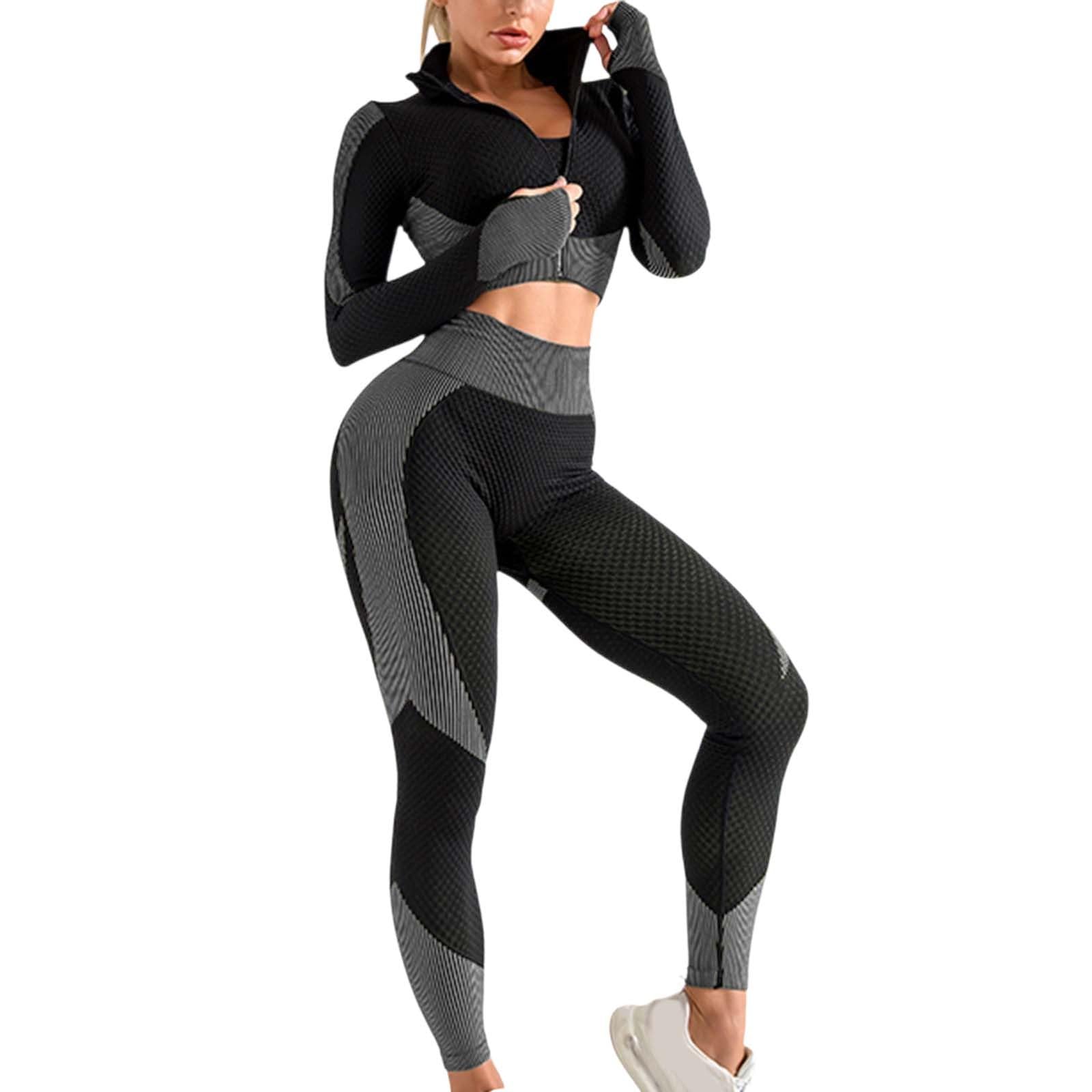 Generico Set da palestra da donna in 3 pezzi, tuta sportiva senza cuciture, abbigliamento fitness tuta con cerniera e cappuccio per fitness jogging tennis e corsa