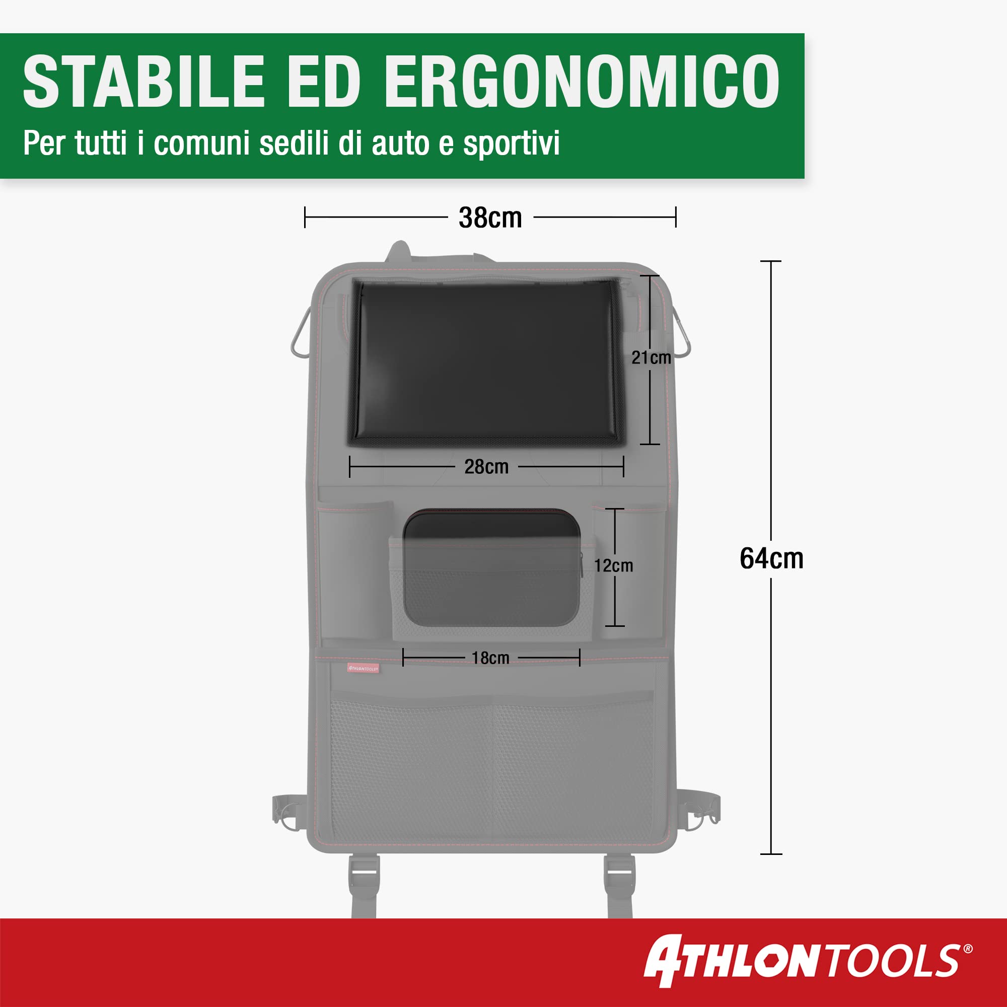 ATHLON TOOLS Organizer per seggiolino auto con supporto integrato per tablet – retro rinforzato – con astuccio extra – per business e bambini – progettato ad Amburgo