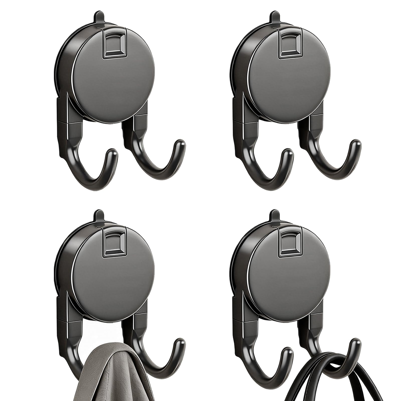 Crevice Self-Adhesive Double Prong Hooks – 4 Pack, Heavy Duty Sticky Hooks Supporting 5KG for Hanging Towels Coats & Accessories on Doors and Walls in the Bathroom, Shower & Kitchen (Dark Grey)