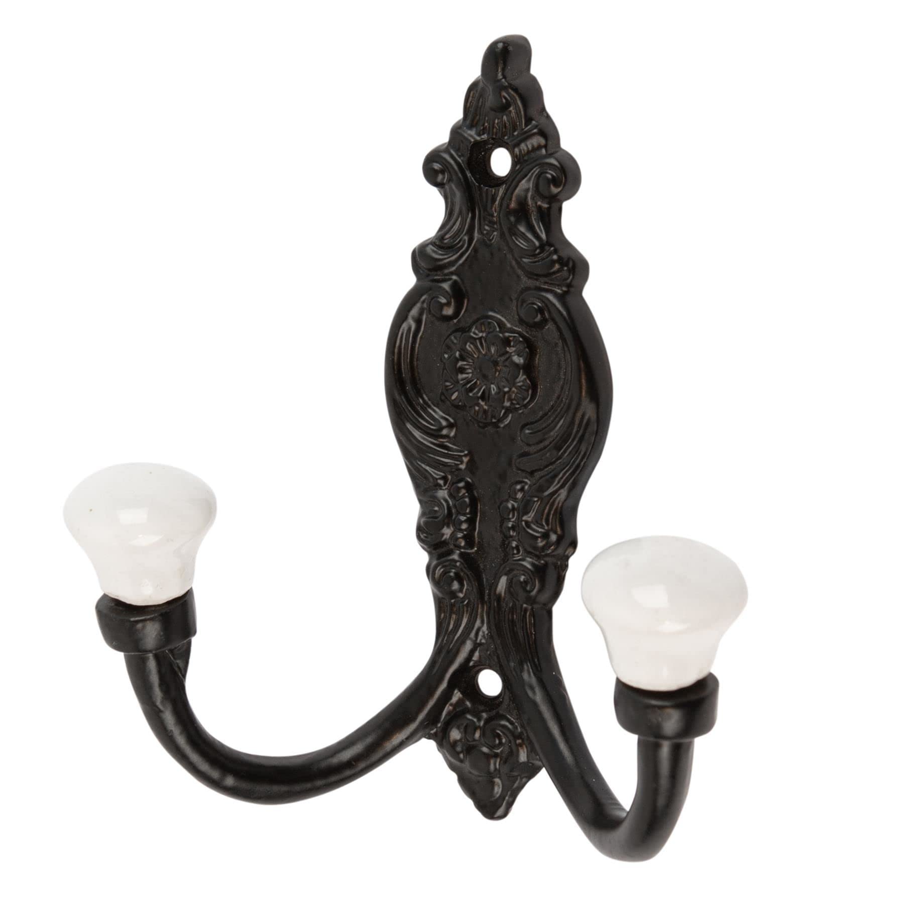 Hammer And Tongs Black - Ornate Double White Ceramic Coat Hook - W100mm X H115mm