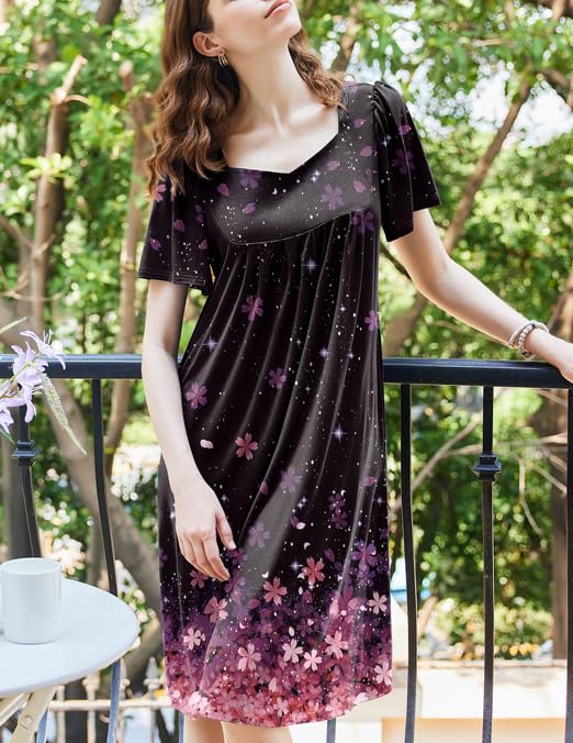 Image of Ekouaer Women's House Dress - Pleated Nightgown with Short Sleeves & Pockets