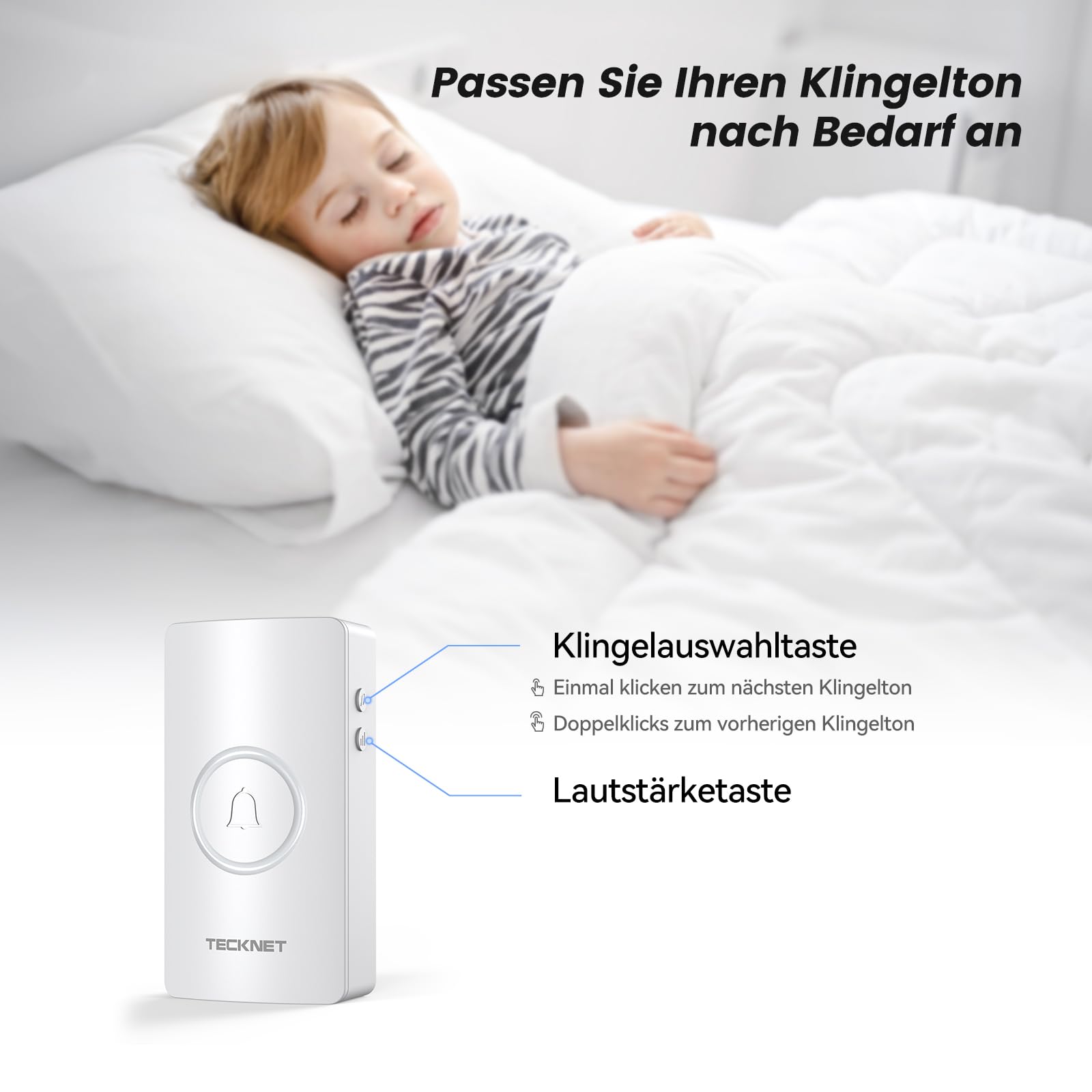 TECKNET Funkklingel, 400m Reichweite IP67 Funkklingel aussen wasserdicht, Funkklingel Batteriebetrieben mit 2 Empfängern, 5 Lautstärkestufen, 60 Melodien mit 4,5 Jahren Batterielebensdauer, Weiß