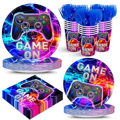 120pcs Video Game Party Plates Napkins Game on Birthday Party Supplies Neon Video Ppaer Cup Gaming Tableware Party Supplies for Boys Girls Gamer Party Serve 24 Guests