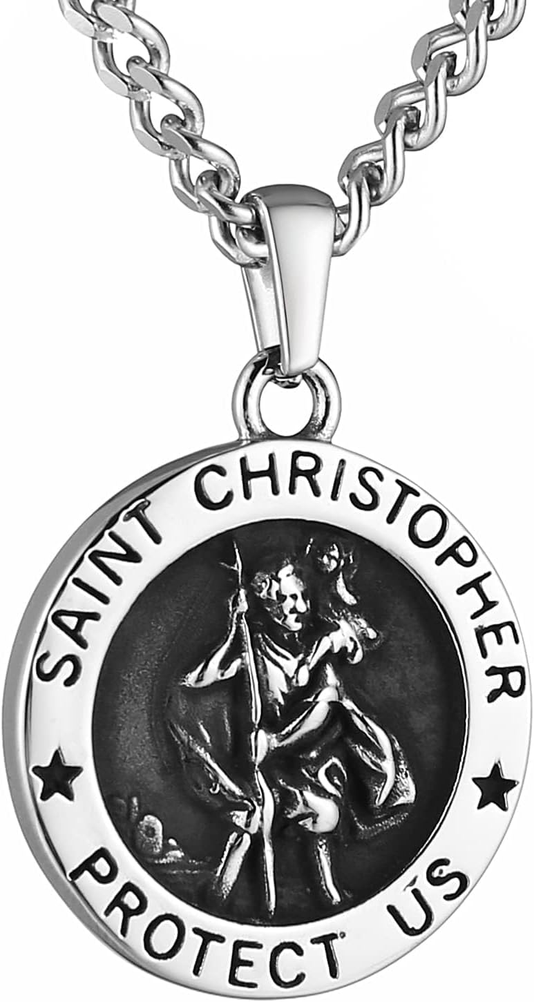 HZMAN Saint Christopher Necklace for Men Women Stainless Steel Round Retro Religious Medal Amulet Pendant Jewelry Gift