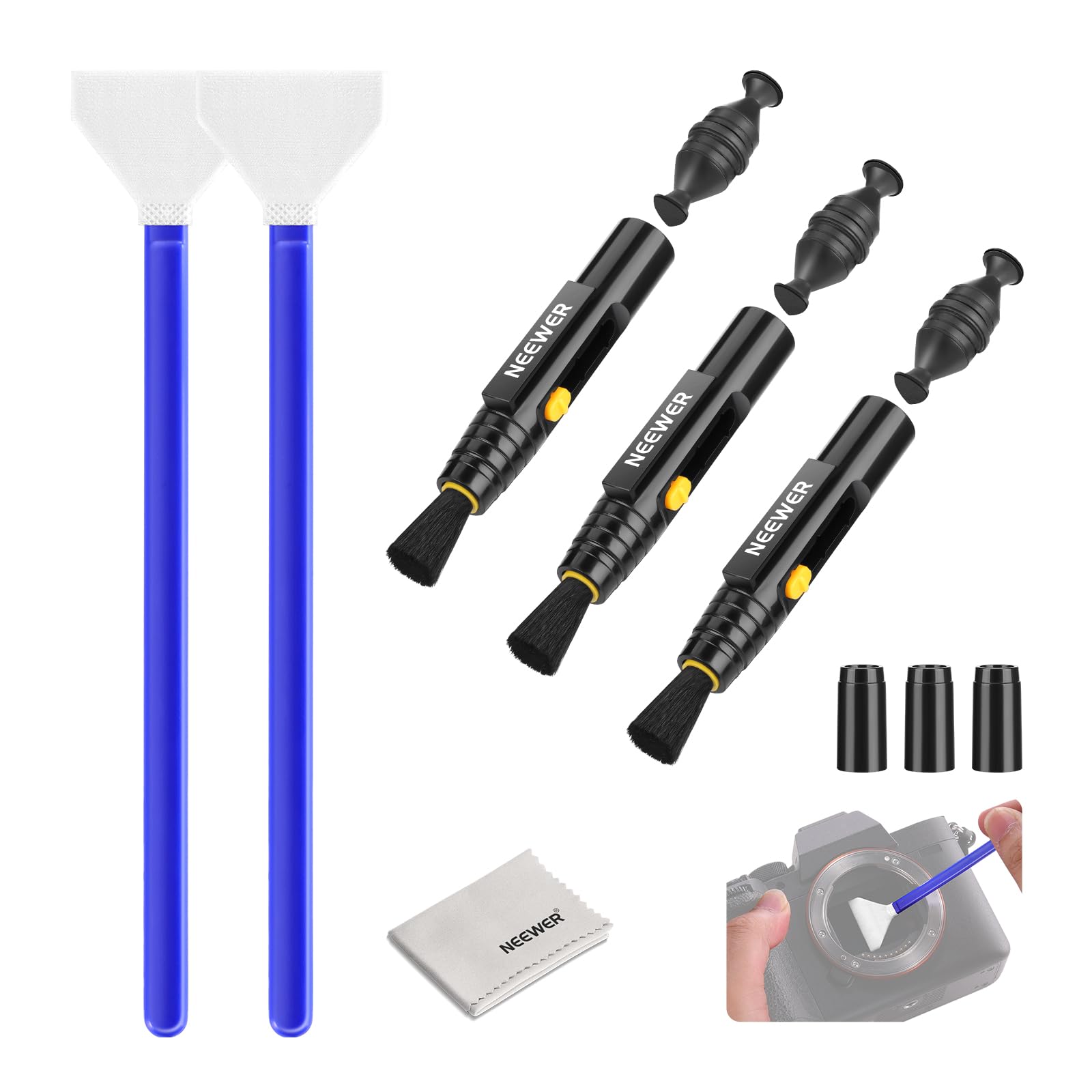 NEEWER 6 In 1 Camera Lens Cleaning Kit for Electronics, Phones, Tablets, 3x Double Head Lens Brush Pen + 2x 24mm Full Frame Sensor Swab + 1x Cleaning Cloth, HM-48