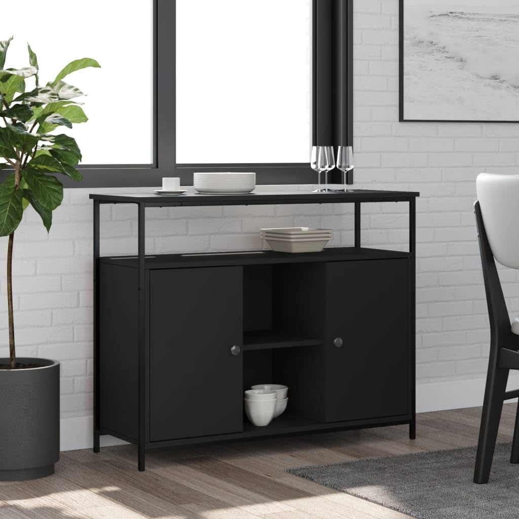 Aparador negro de 100x35x80 cm en madera de ingeniería para almacenamiento de salón