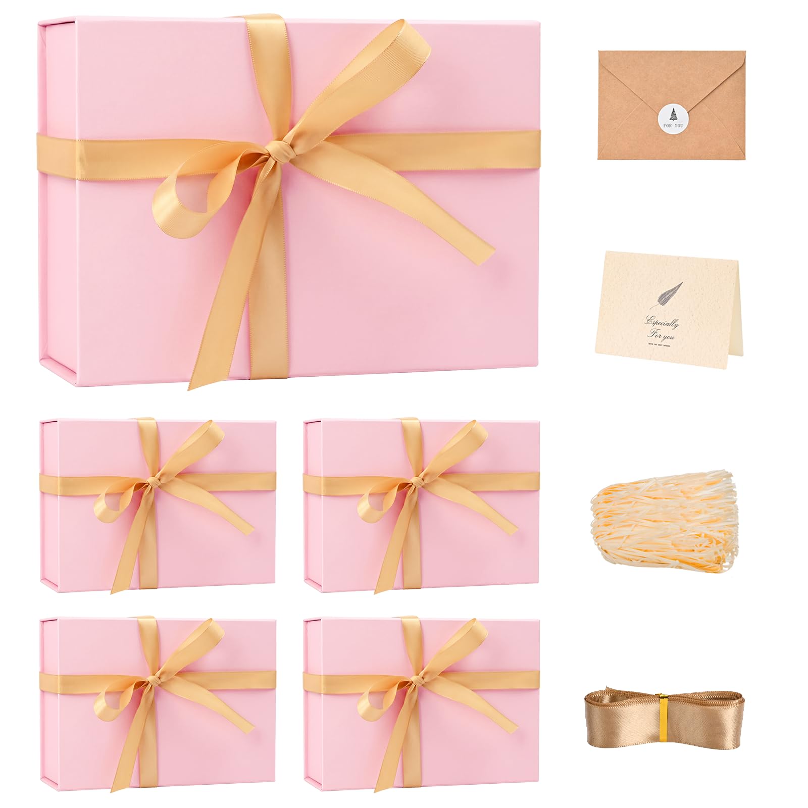 LIFELUM Set di 5 scatole regalo rosa, 24,1 x 17,8 x 8,9 cm, pieghevoli, magnetiche, con nastro, cartoncino, riempitivo sminuzzato, per festa del papà, proposta di sposa, laurea, matrimonio
