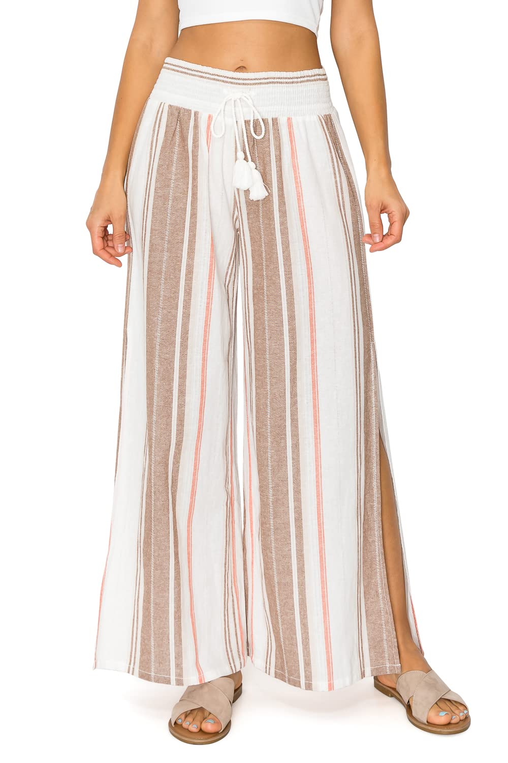 Cali1850 Womens Casual Linen Pants - Smocked Waist Oceanside Lounge Beach Trousers with Pockets