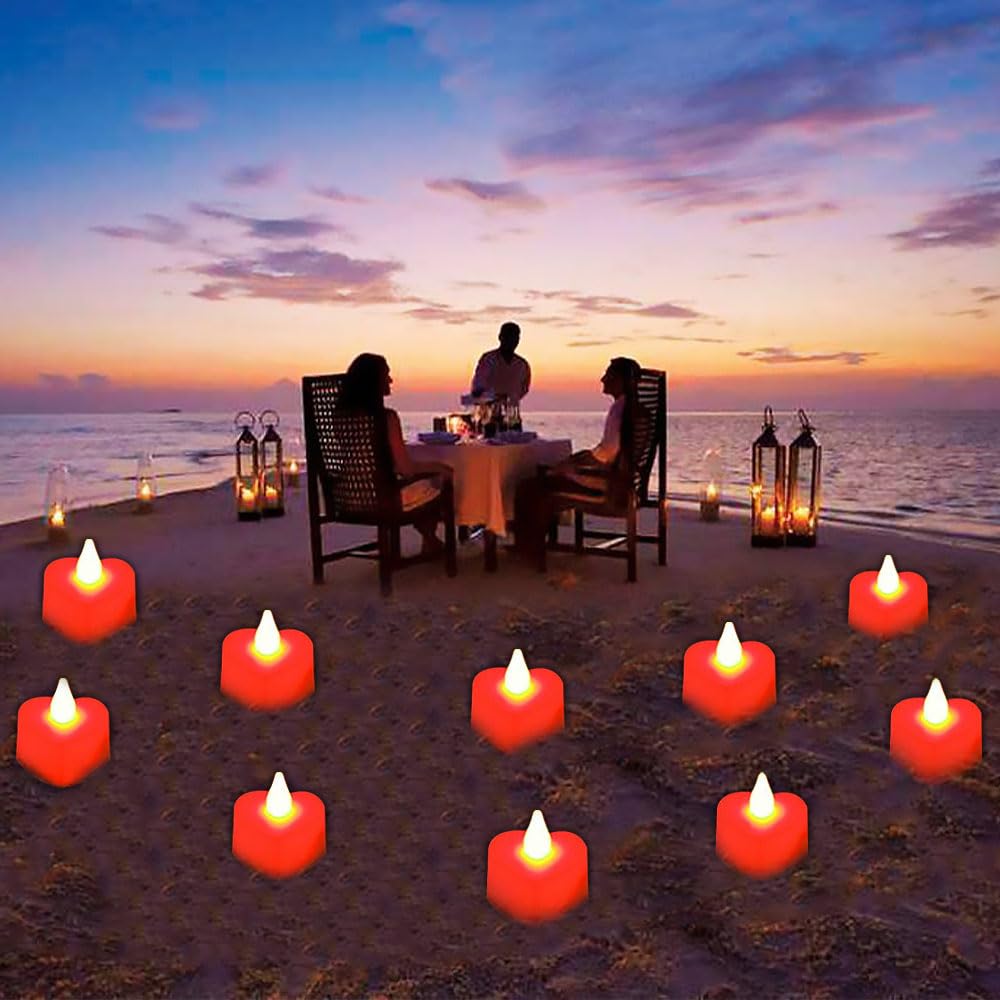 Bougie Cœur LED 24 Pièces, Bougies Romantiques LED avec 2000 Pétales de Rose Artificiels, Bougie LED Chauffe Plat pour Mariage Saint-Valentin Fiançailles Table Deco, Lumière Jaune Chaude
