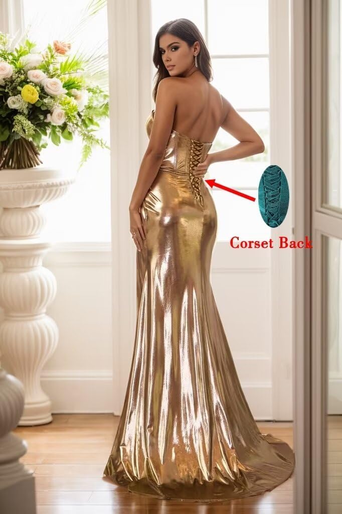 Mermaid Prom Dresses Sparkly 2024 Satin Metallic Long Evening Party Gown with Slit Sweetheart Formal Dress for Women DR0466