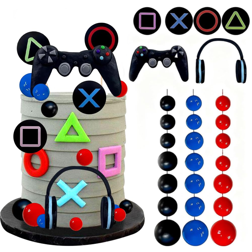 HATFRYF Video Game Themes Cake Toppers Sets, Headset Cake Decoration Set, Controller, Happy Birthday Cupcakes Topper,Ball Decorations,Gaming-Themed Cak-es Topp-er Set for Birthday Decorations, 30PCS