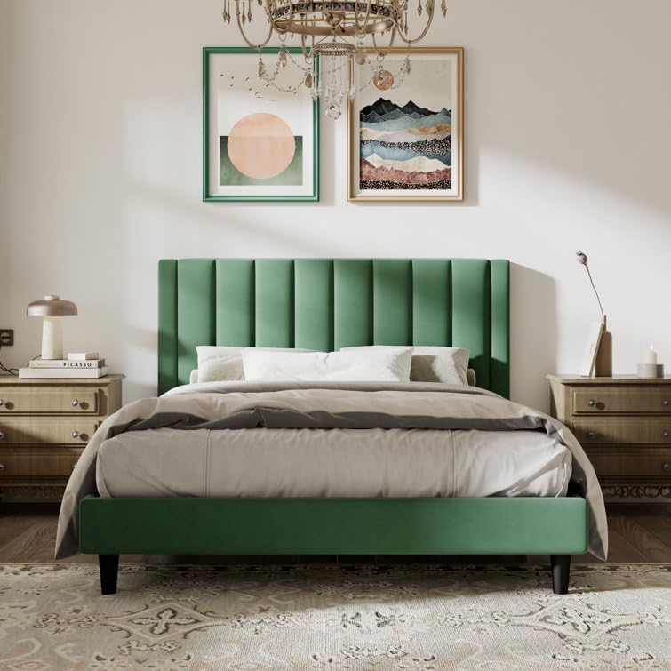 Image of HITHOS Modern Upholstered Queen Size Bed with Wingback Headboard | Wooden Double Bed Cot Palang Without Storage for Living Room Bedroom Home (Green) 1 Year Warranty