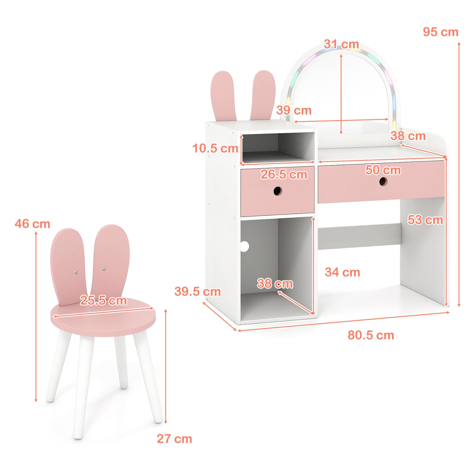 RELAX4LIFE 2 in 1 Toeletta Trucco per Bambina con Luci Colorati, Tavolo e Sedia in Legno con Specchio Acrilico, Ampio Spazio di Archiviazione, Postazione Trucco per Bambini 3+ Anni (Bianco)
