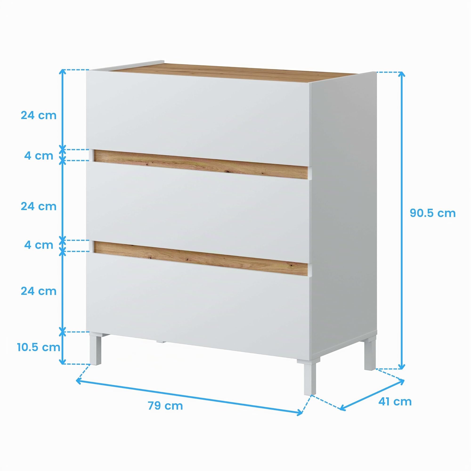 Habitdesign Cómoda de 3 Cajones Tempus con Patas | Mueble Cajonera Estilo Nórdico para Dormitorio | Color Blanco Artik y Roble Nodi, Medidas 91 x 79 x 41 cm
