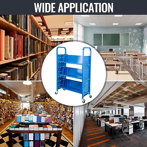 OUKIDR 200LBS Book Cart, 30"x13"x49" Rolling Book Cart, Single Sided V-Shaped Library Cart with Lockable Wheels for Home Shelves Office School Book, Blue - Thumbnail 6