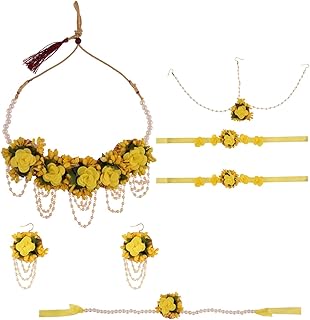 Efulgenz Indian Wedding Haldi Mehandi Jewelry Flower Jewelry Set Handmade Faux Pearl Long Necklace Tassel Earrings Maang Tikka Bracelet Set Bridal Jewelry for Haldi Mehandi Jewelry Wedding