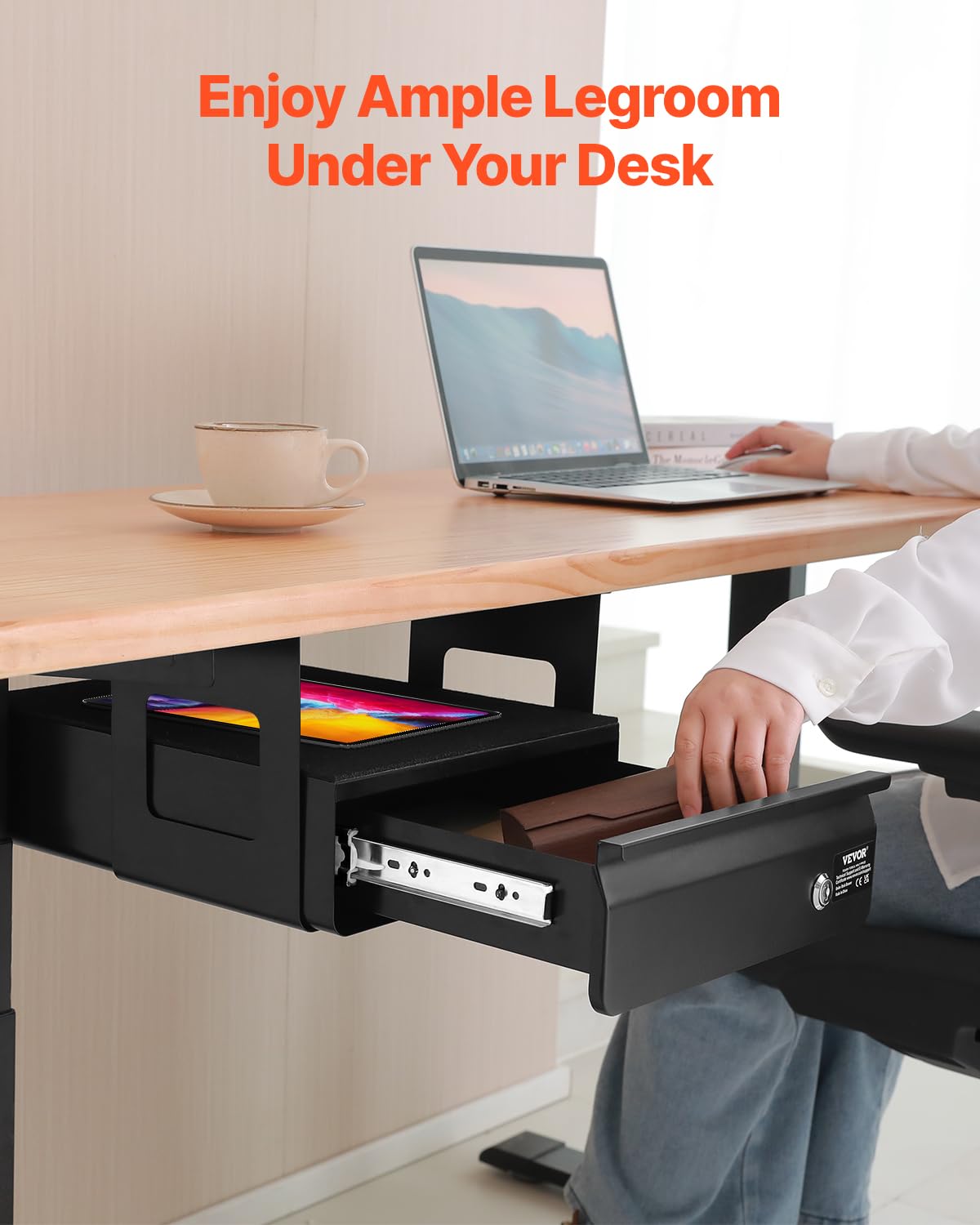 VEVOR Untertisch Schublade 365x335x185 mm, Unterbau Schreibtisch, versteckter Schreibtisch-Aufbewahrungs-Organizer, abschließbare Bleistiftschublade unter dem Tisch für Sitz-Steh-Arbeitsplätze