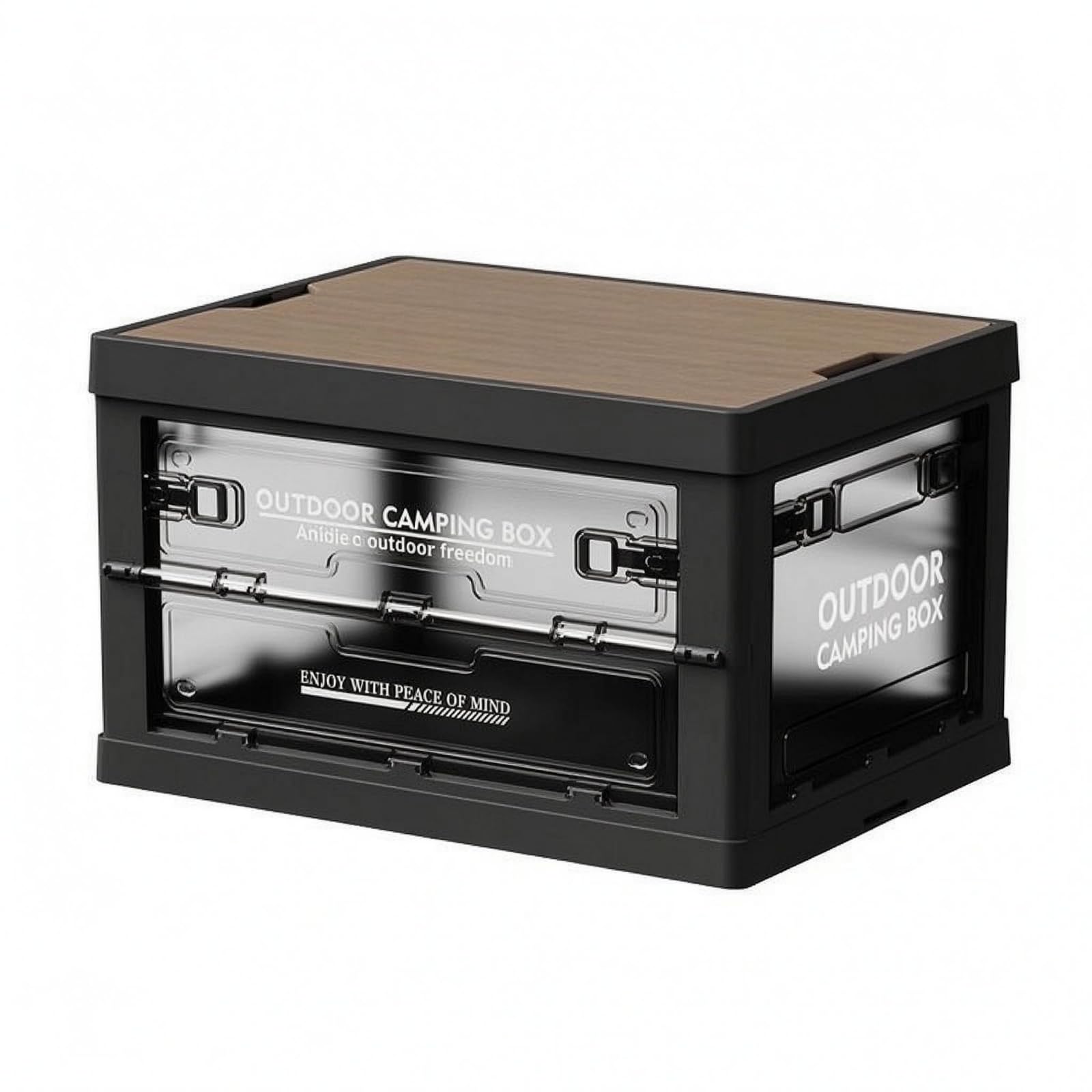 Outdoor Aufbewahrungsbox Faltbox Klappkiste Stapelbox Kiste mit Fünf Seitlichen Zugängen Und Sicherem Riegelverschluss aus PP Holzplatte für Camping, Transparent Schwarz