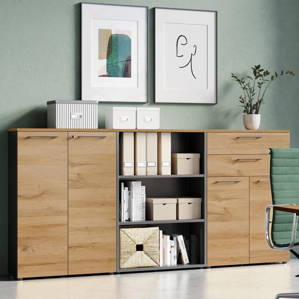 Lomadox Büromöbel Aktenschrank Set 3-tielig abschließbar in Graphit mit Eiche, BxHxT: ca. 240x120x40 cm