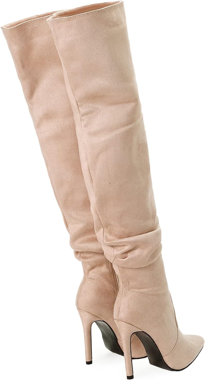 Women's Solid Slouch Block Heel Pointed Toe Over The Knee Boots