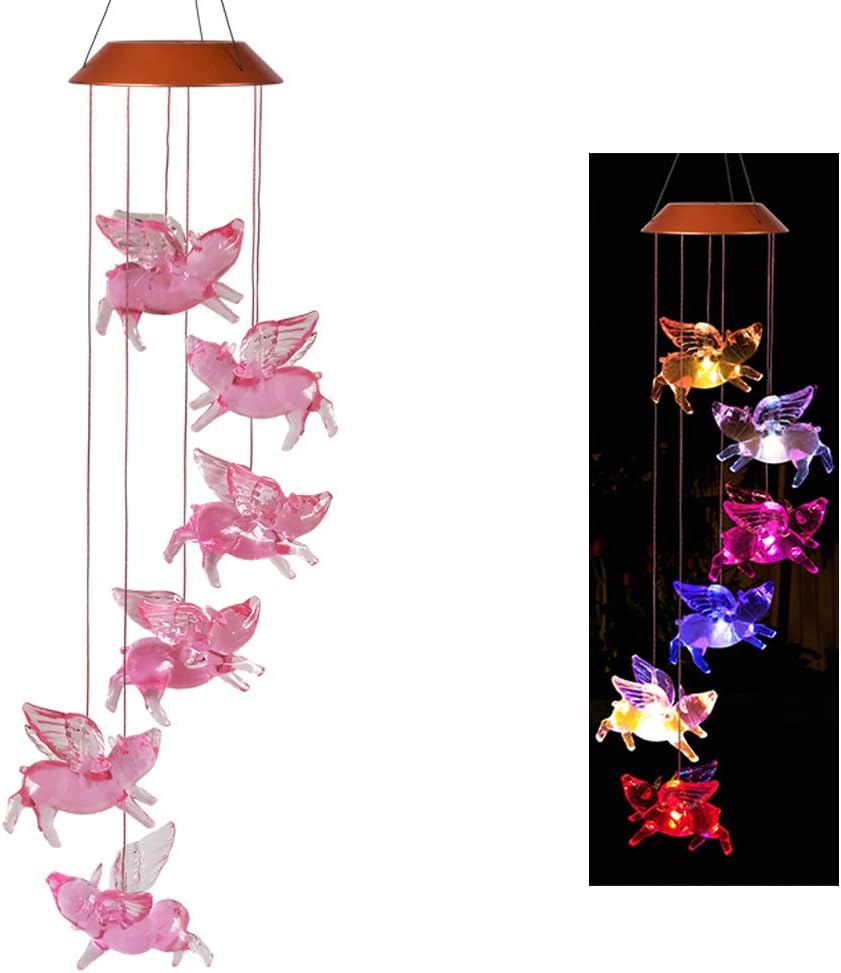 LED Solar Fly Pigs Wind Chimes Outdoor - Waterproof Solar Powered LED Changing Light Color 6 Flying Pigs Mobile Romantic Wind-Bell for Home, Party, Festival Decor, Night Garden Decoration