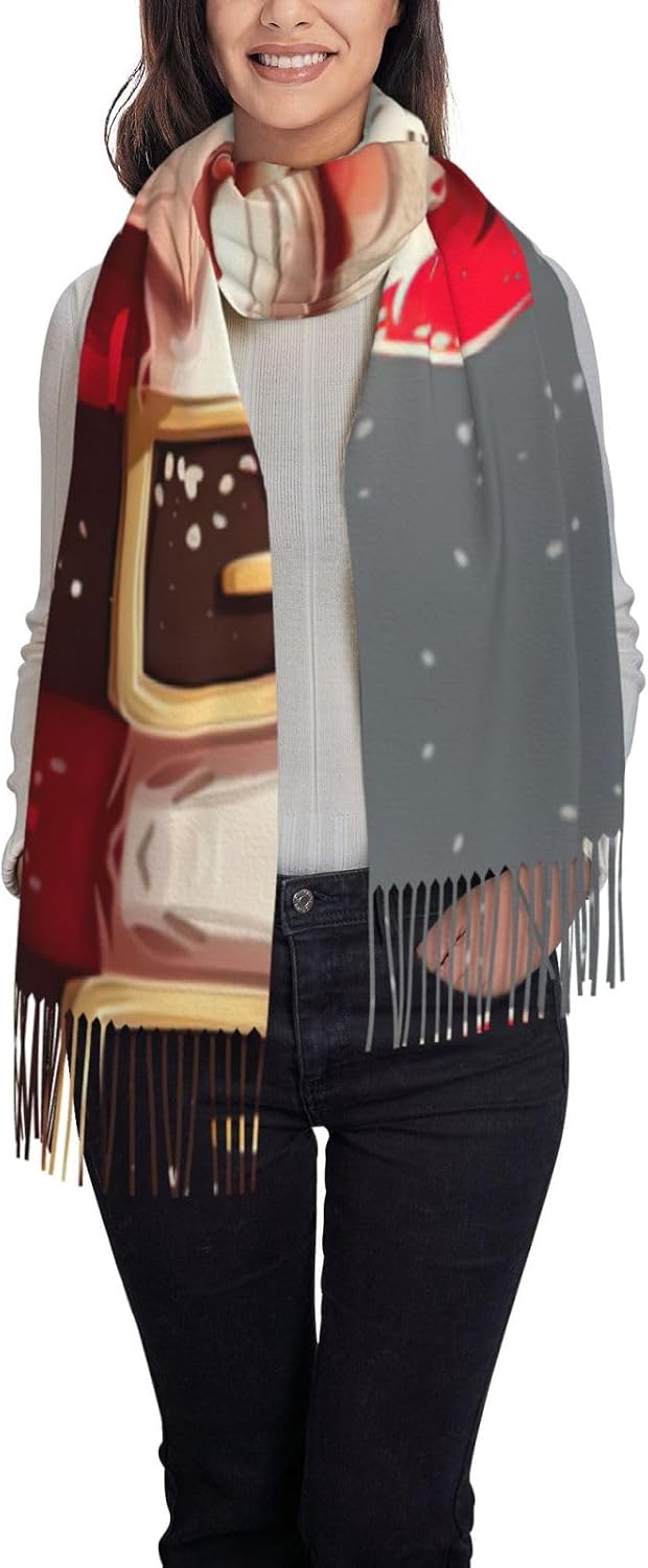 Elegant Cartoon Santa Claus Print Tassel Scarf, Warm Winter Accessory,77.6" X 28.3" Faux Cashmere Scarf