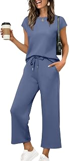 SAMPEEL Women's Two Piece Set, Cap Sleeve Top with Wide Leg Pants, Summer Vacation Outfit