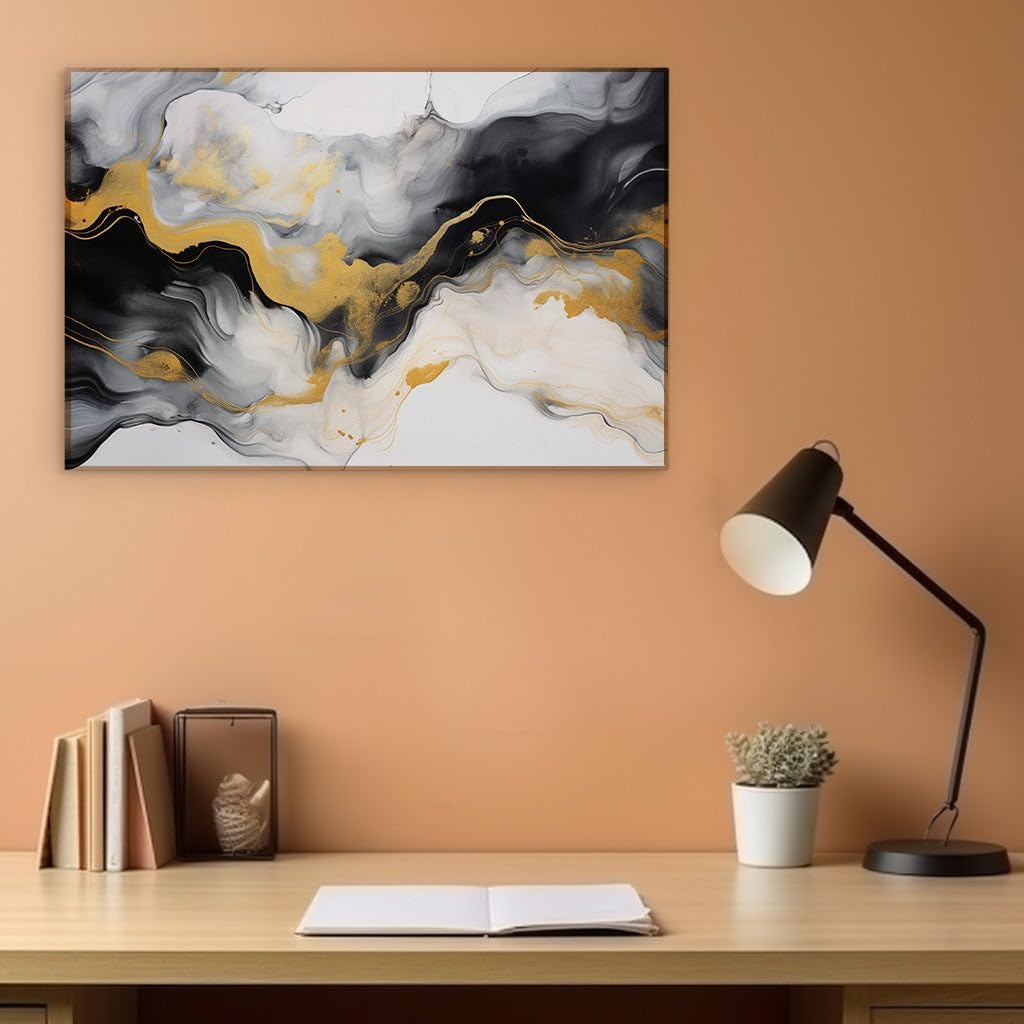 Canvas for Living room. Elegant Whispers of Liquid Marble: Capturing Motion in Black, White, and Gold, 27 x 18 inch Canvas Wall Art - Modern Home Decor