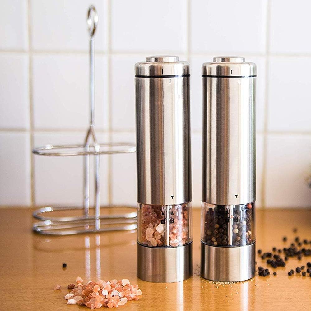 Salt and Pepper Grinder Electronic with Stand Stainless Steel Pepper Grinders with Stand Ceramic Grinders with Lights Adjustable Coarseness.
