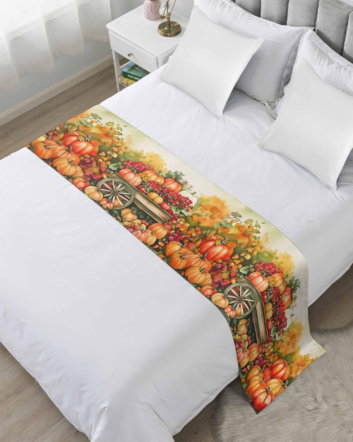 Orange Red Pumpkin Fall Bed Runner Scarf Full Queen Size, Thanksgiving Harvest Botanical Luxury Bed Throw Runners & Scarves for Twin Full Queen King Foot of Bed, Bedroom Hotel Decoration, 83"x20"