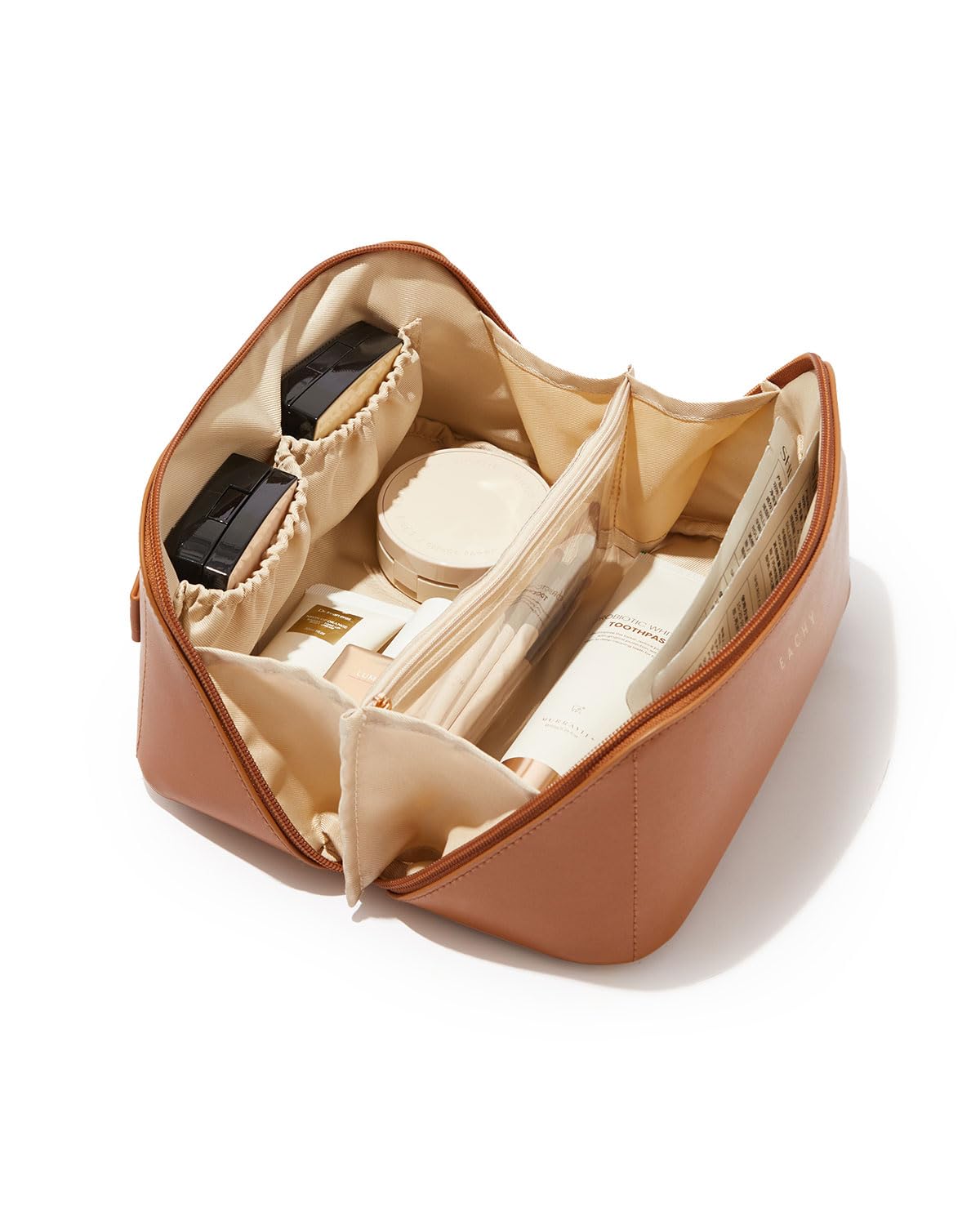 EACHY Kosmetiktasche Damen, PU-Leder Make up Tasche mit Transparenten Trennern, wasserdichte Reise Schminktasche mit Griff, Luxus Kulturbeutel für Frauen oder Geschenkidee (Brown, Mittelgröße)