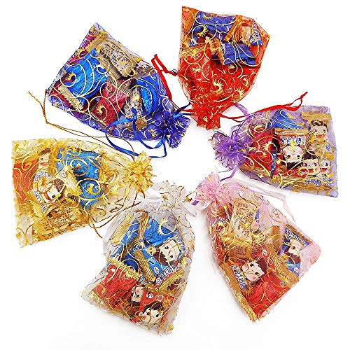 Image of Beingelegant - Pack of 100 Women's Organza Net Potli Bags for Pooja, Return Gifts for Wedding, Sangeet, Shagun- Multi Coloured (Multi, 14X10)