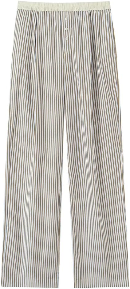 Women's Elastic Waist Striped Pleated Straight Pants