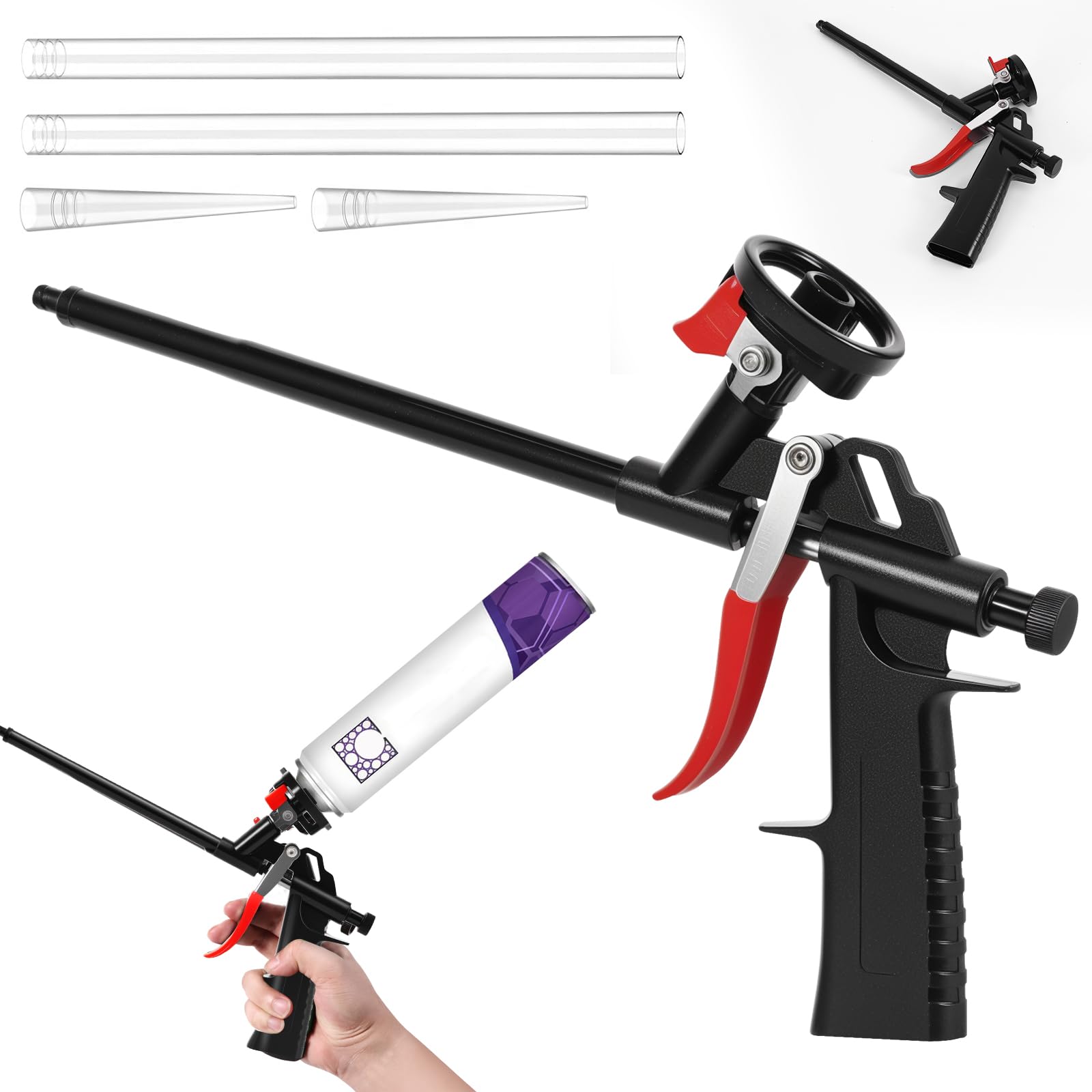 BTBHIHO No-Clean Expanding Foam Gun, Heavy Duty Stainless Steel Foam Applicator with Switch, Adjustable Metal Valve Sealant Tool for Caulking, Filling, Sealing, DIY & Insulation Projects (Black)