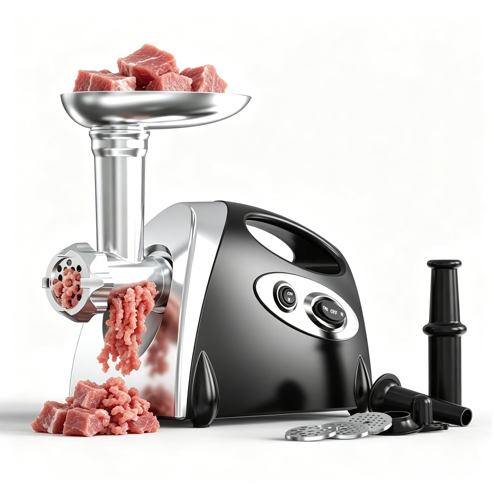 Tritacarne Elettrico da 800 W, Macchina per Tritare E Macinare Alimenti con 3 Piastre E Accessorio per Kibbeh, Facile da Pulire, Facile da Montare, Doppia Protezione con Interruttore di